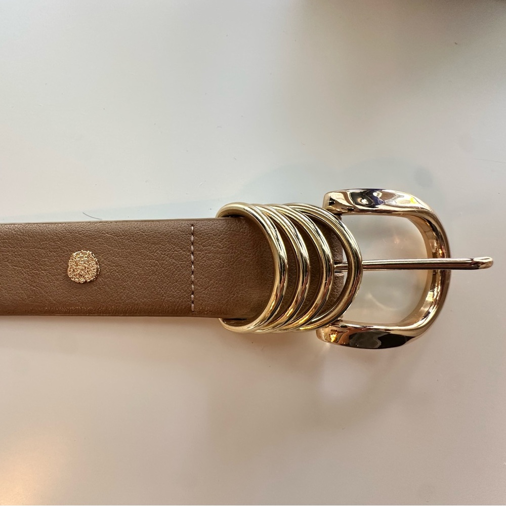 Vince Camuto Taupe Faux Leather Belt Gold Buckle Ring Detail NWOT Neutral Belt